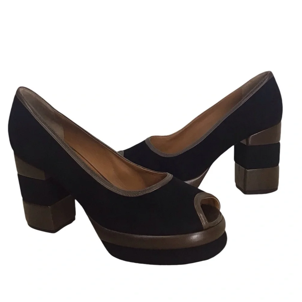 Tory Burch 70s Peep-Toe Leather & Suede Platform Pumps Women’s Size 8.5